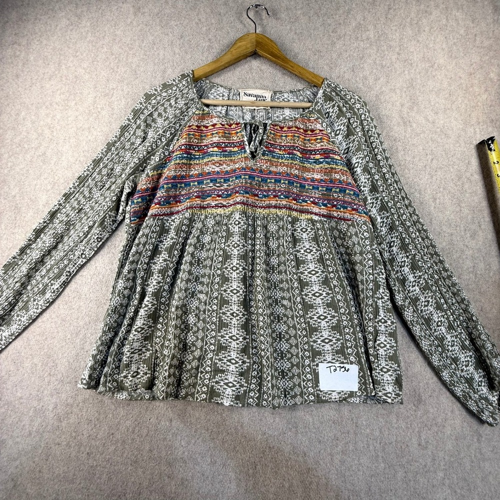 Savanna Jane Olive Green Embroidered Boho Peasant Blouse Top Small Long Sleeve